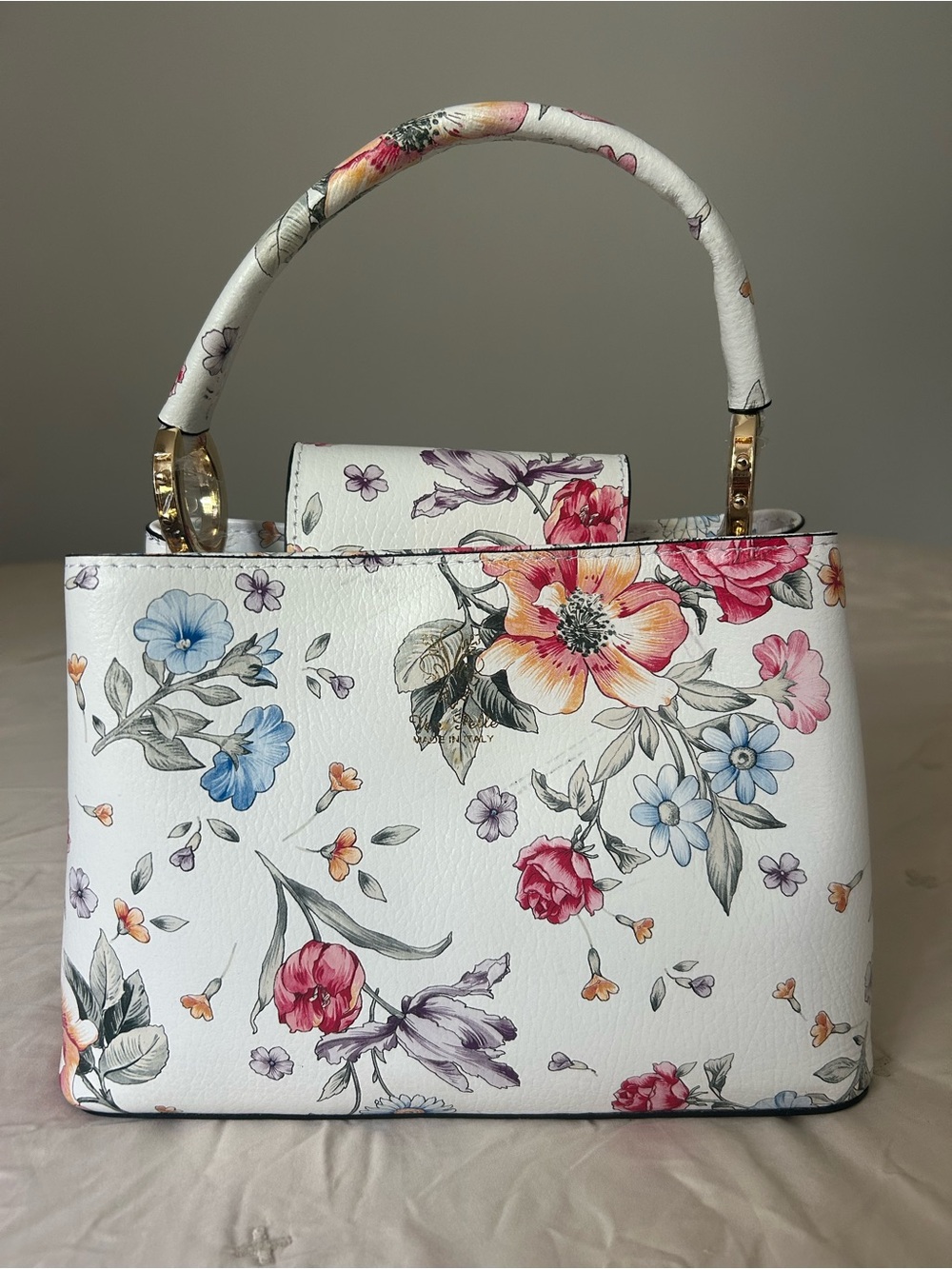 Vera Pelle White Floral Top-Handle Handbag Purse Genuine Italian Leather Gold